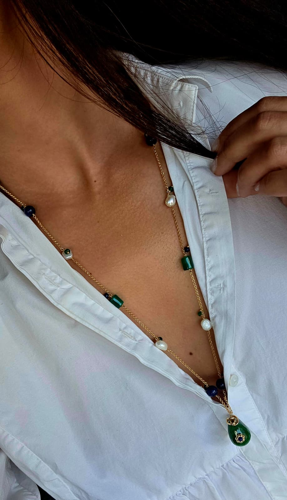 Green Jade and Pearl Long Necklace