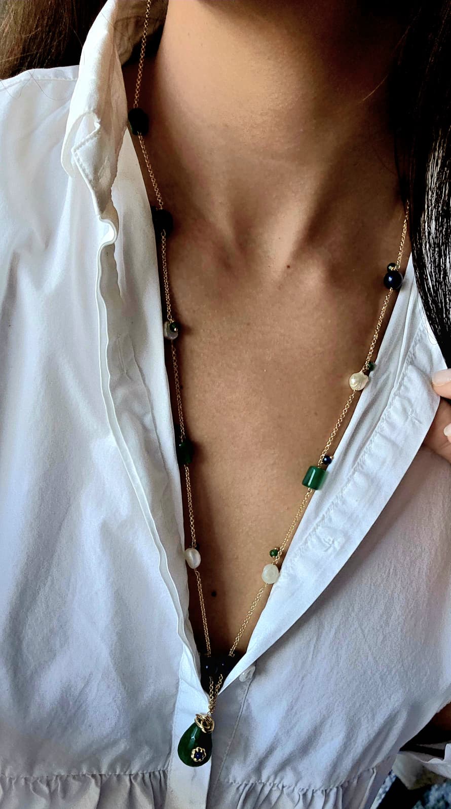 Green Jade and Pearl Long Necklace