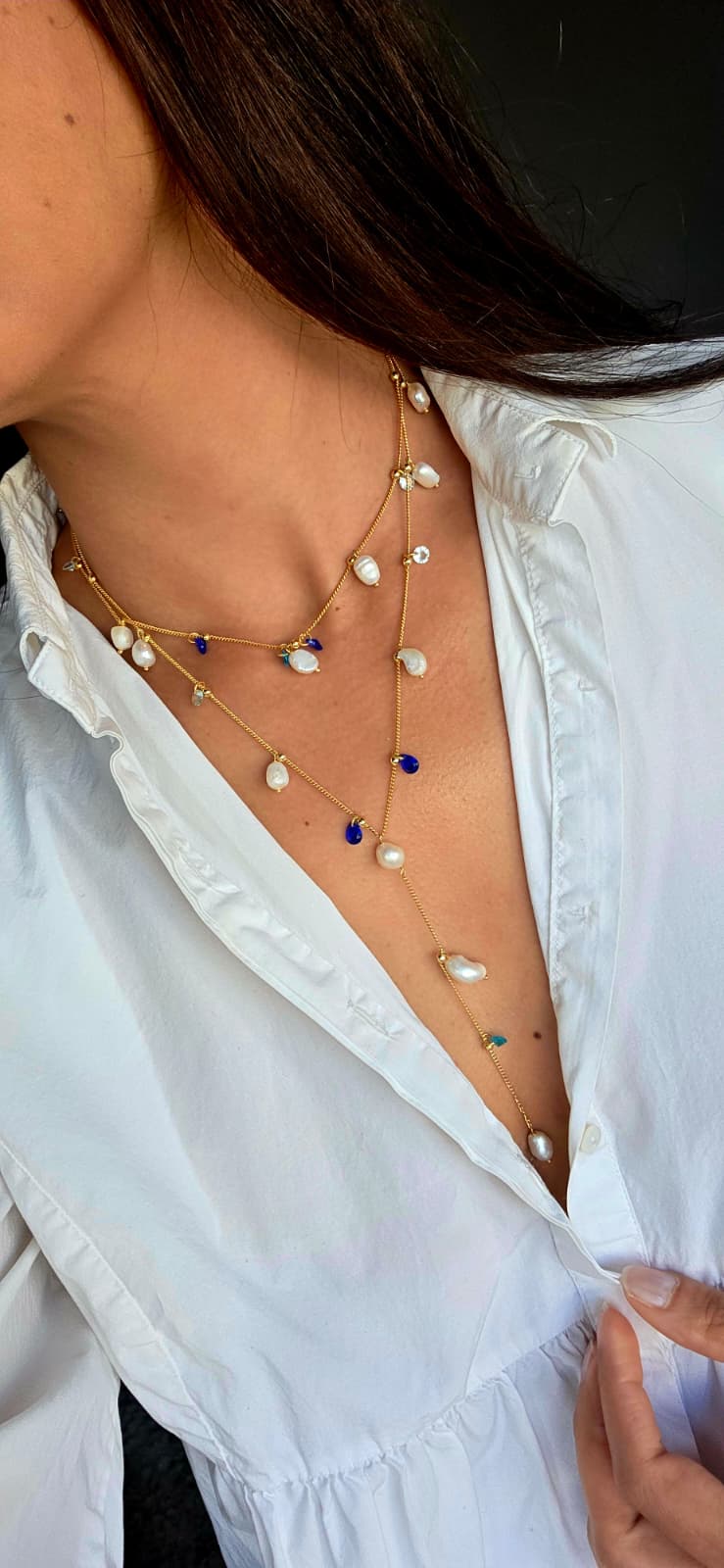 Pearl and Blue Stones Lariat Necklace