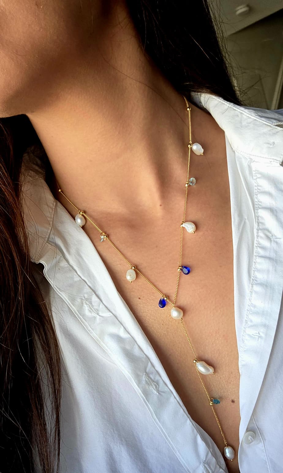 Pearl and Blue Stones Lariat Necklace