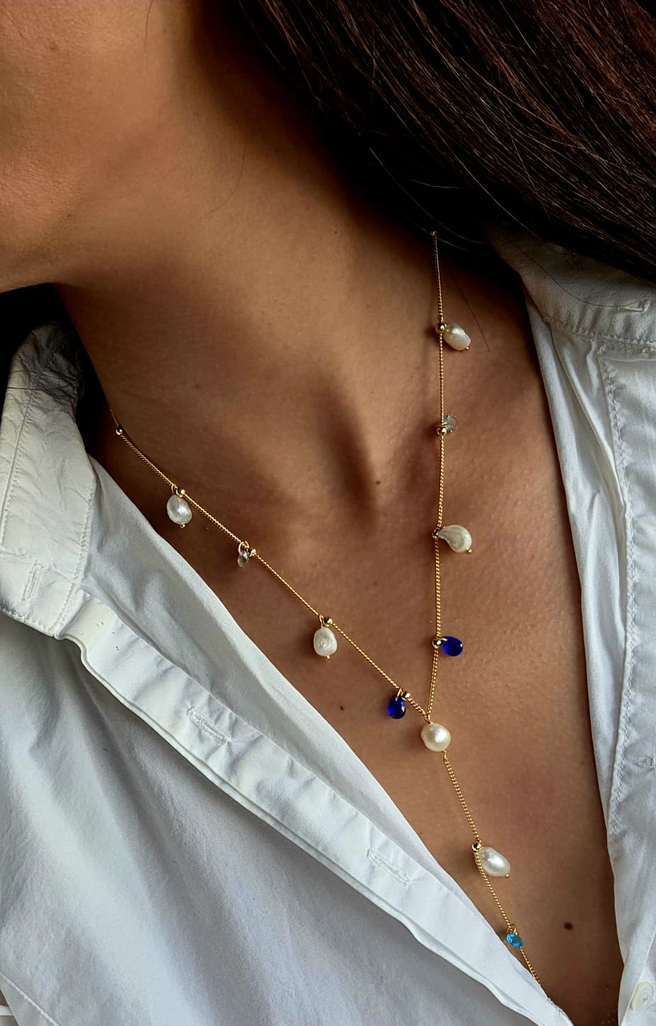 Pearl and Blue Stones Lariat Necklace