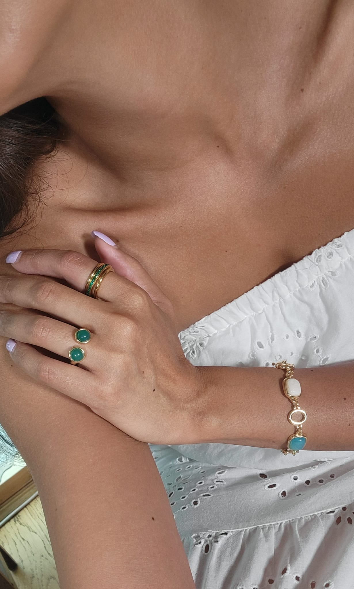 Green Agate Dual Stone Gold Ring