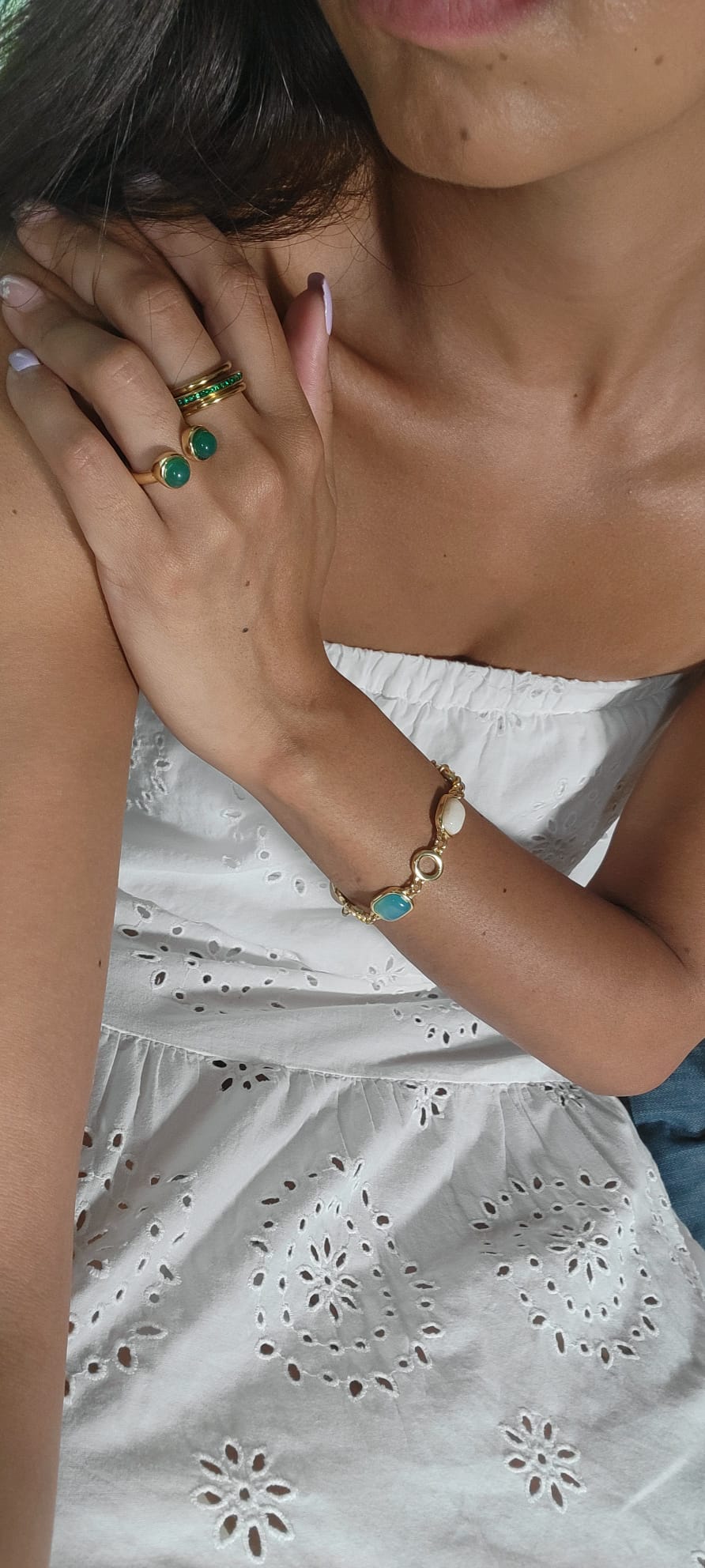 Green Agate Dual Stone Gold Ring
