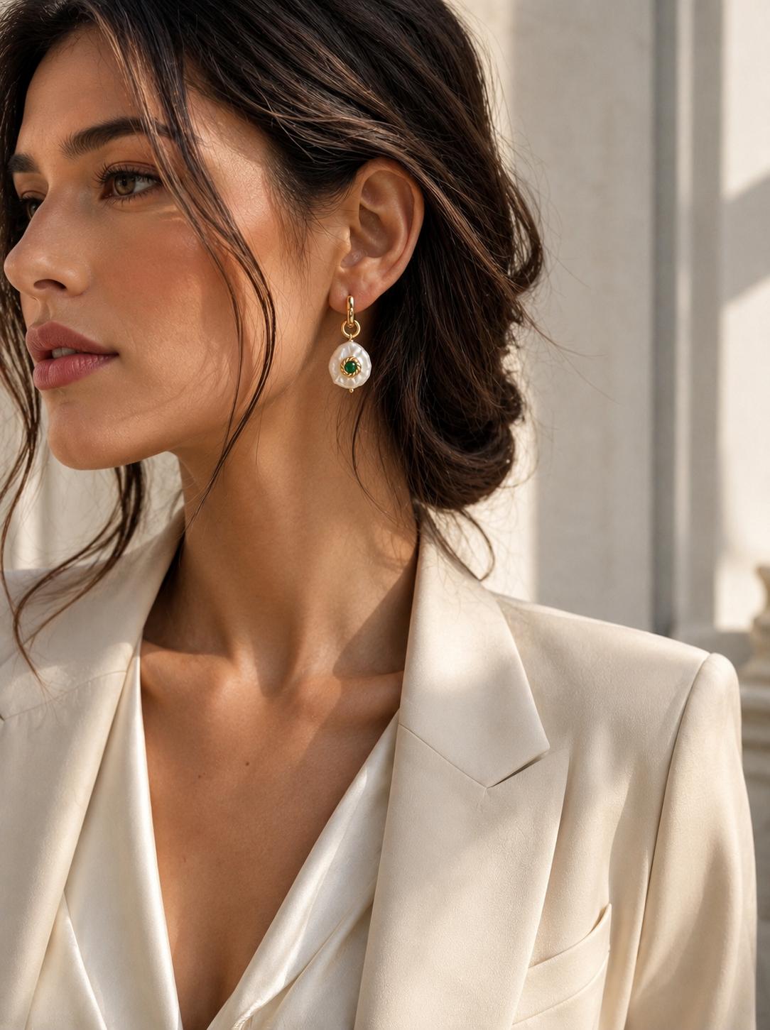 Wave Hoop Earrings with Green Jade and Biwa Pearl — lifestyle close-up detail shot"