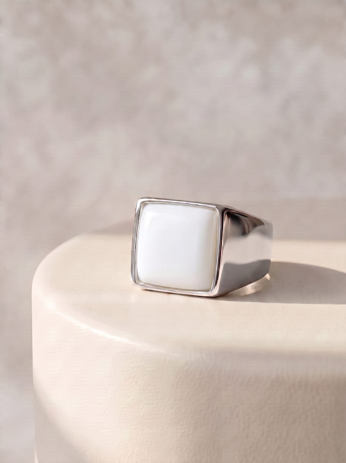 Mother-of-Pearl Rhodium- Plated Square Signet Ring