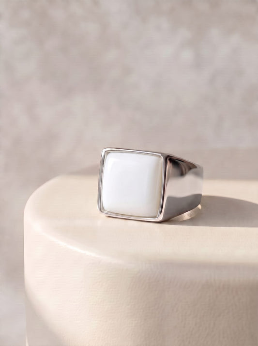 Mother-of-Pearl Rhodium- Plated Square Signet Ring