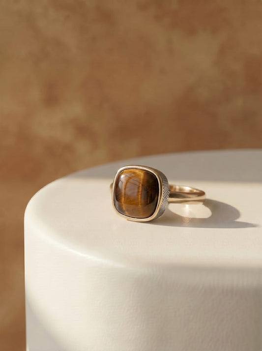 Tiger's Eye Cushion Gold Ring