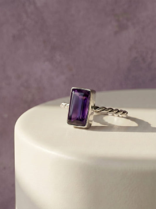 Amethyst Rectangle Cabochon Sterling Silver Ring