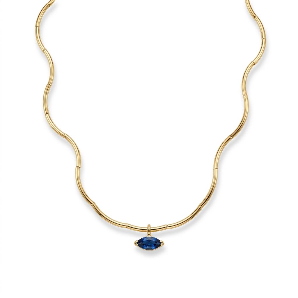 Gold Wave Chain Necklace with Blue Crystal Pendant