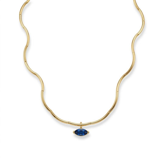 Gold Wave Chain Necklace with Blue Crystal Pendant