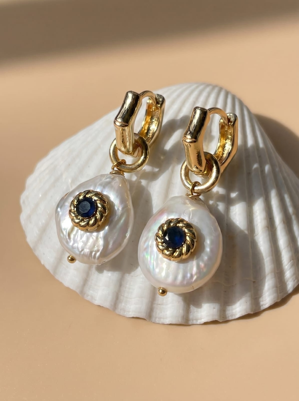 Wave Hoop Earrings with Navy Blue Crystal & Biwa Pearl