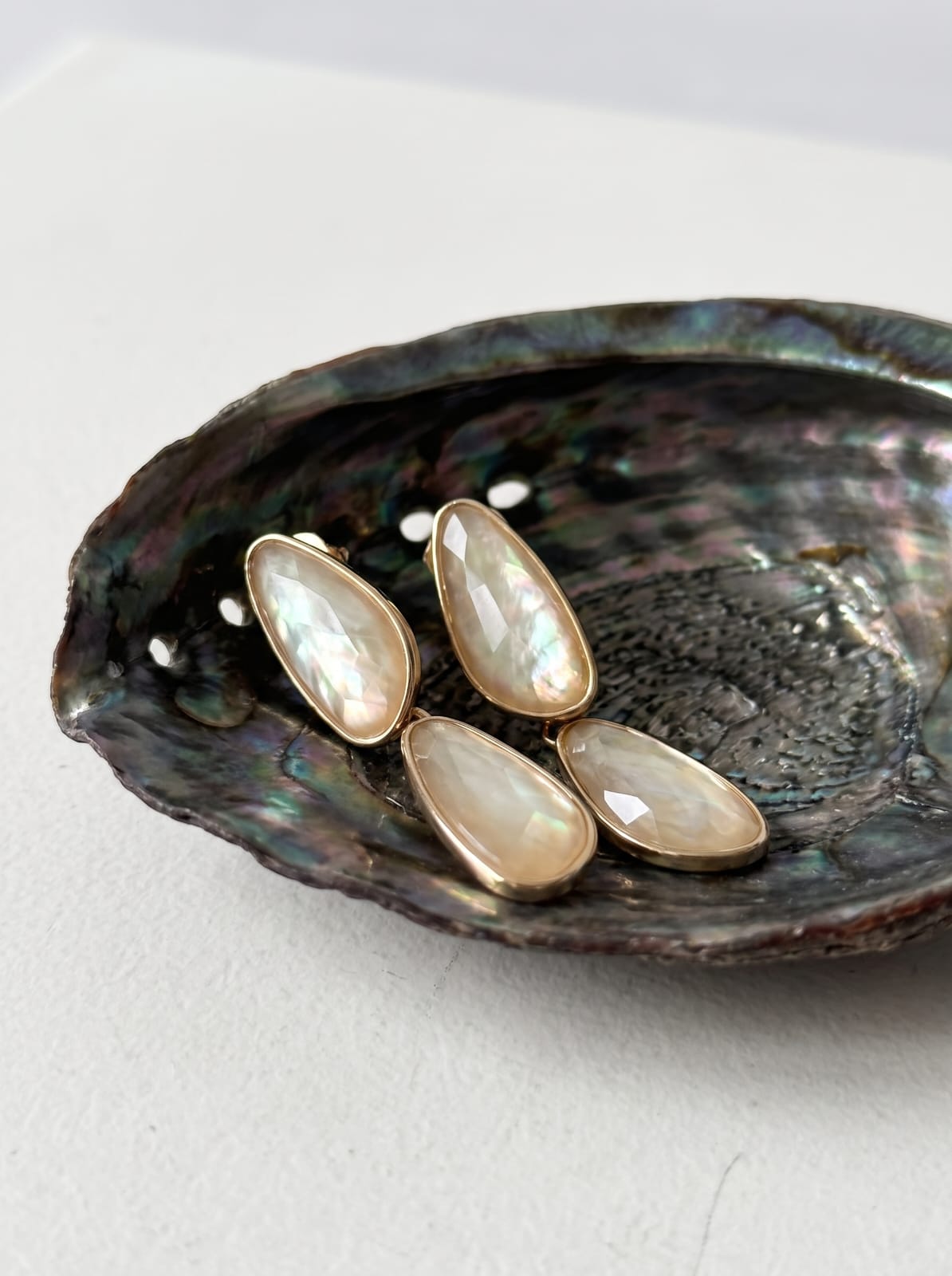Close-up of nautilus shell dangle earrings showing natural shell detail and gold-plated setting – StoneCraft Jewellery